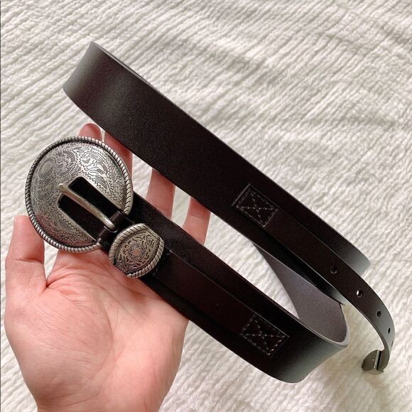 Vintage Style Genuine leather Belt with Floral Engraved Pattern Buckle